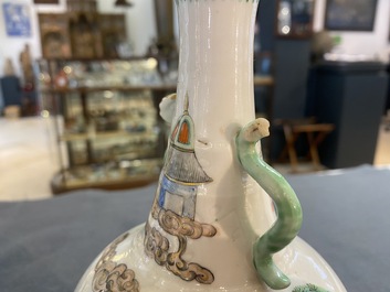 A Chinese famille rose, a flamb&eacute;-glazed and a blue and white celadon-ground vase, 19/20th C.