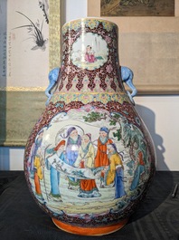 A Chinese famille rose 'hu' vase and a pair of fish bowls, 20th C.