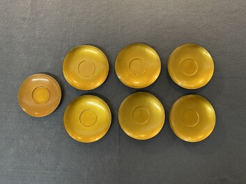 Two Chinese black Fuzhou or Foochow lacquer coffee services on trays, Republic