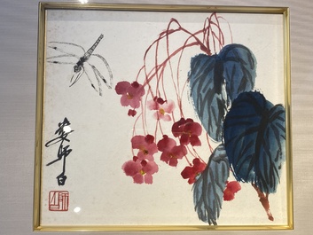 Lou Shibai 婁師白 (1918-2010): 'Libellule et fleurs' et Qi Gong 啟功 (1912-2005): 'Calligraphie', encre et couleurs sur papier
