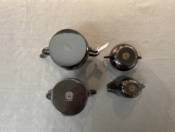 Two Chinese black Fuzhou or Foochow lacquer coffee services on trays, Republic