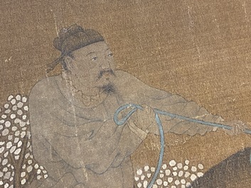 Chinese school: 'Two riders and eight horses', ink and colour on silk, probably Ming