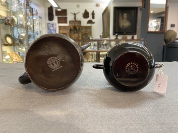 Two Chinese black Fuzhou or Foochow lacquer coffee services on trays, Republic