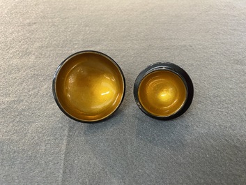 Two Chinese black Fuzhou or Foochow lacquer coffee services on trays, Republic