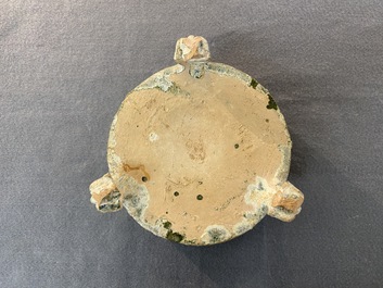 Two Chinese sancai-glazed figures and a green-glazed tripod censer, Han and later