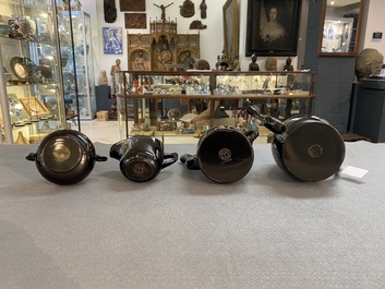 Two Chinese black Fuzhou or Foochow lacquer coffee services on trays, Republic