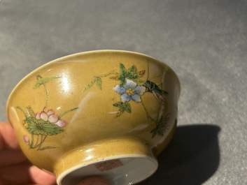 A pair of Chinese caf&eacute;-au-lait-ground famille rose 'grasshopper' bowls, Daoguang mark and of the period