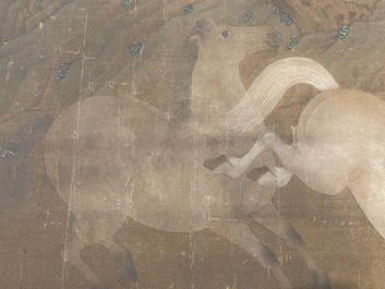 Chinese school: 'Two riders and eight horses', ink and colour on silk, probably Ming