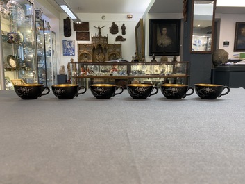 Two Chinese black Fuzhou or Foochow lacquer coffee services on trays, Republic