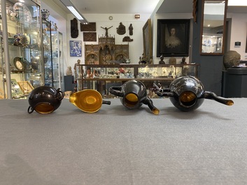 Two Chinese black Fuzhou or Foochow lacquer coffee services on trays, Republic