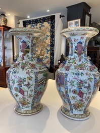 A pair of Chinese Canton famille rose vases with duck-shaped handles, 19th C.