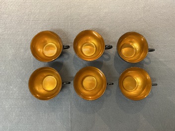 Two Chinese black Fuzhou or Foochow lacquer coffee services on trays, Republic