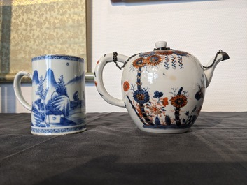 Six Chinese famille rose cups and saucers, an Imari-style teapot and a blue and white mug, Kangxi/Qianlong