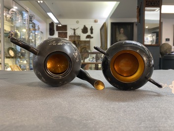 Two Chinese black Fuzhou or Foochow lacquer coffee services on trays, Republic