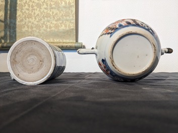 Six Chinese famille rose cups and saucers, an Imari-style teapot and a blue and white mug, Kangxi/Qianlong