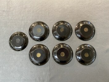 Two Chinese black Fuzhou or Foochow lacquer coffee services on trays, Republic