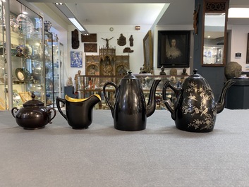 Two Chinese black Fuzhou or Foochow lacquer coffee services on trays, Republic