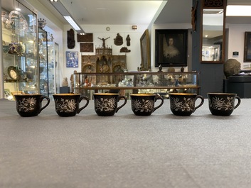 Two Chinese black Fuzhou or Foochow lacquer coffee services on trays, Republic