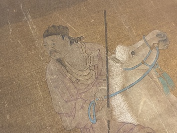 Chinese school: 'Two riders and eight horses', ink and colour on silk, probably Ming