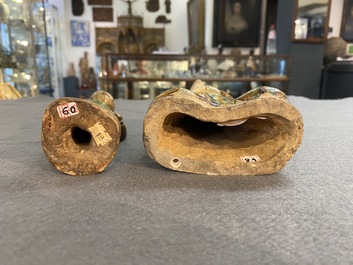 Two Chinese sancai-glazed figures and a green-glazed tripod censer, Han and later