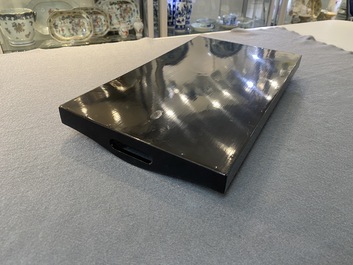 Two Chinese black Fuzhou or Foochow lacquer coffee services on trays, Republic