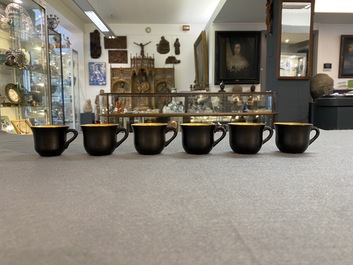 Two Chinese black Fuzhou or Foochow lacquer coffee services on trays, Republic