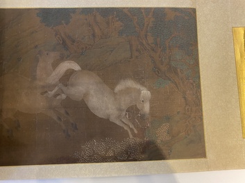 Chinese school: 'Two riders and eight horses', ink and colour on silk, probably Ming