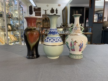 A Chinese famille rose, a flamb&eacute;-glazed and a blue and white celadon-ground vase, 19/20th C.