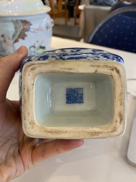 A Chinese blue and white 'fanghu' vase with lotus scrolls, Qianlong mark, 19/20th C.