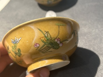 A pair of Chinese caf&eacute;-au-lait-ground famille rose 'grasshopper' bowls, Daoguang mark and of the period