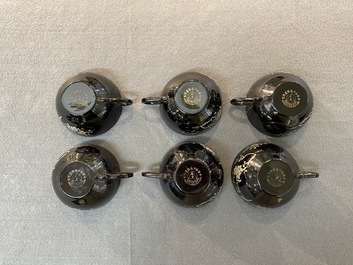 Two Chinese black Fuzhou or Foochow lacquer coffee services on trays, Republic