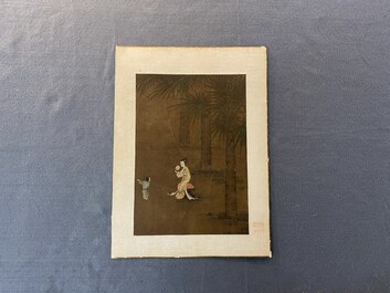 Chinese School: 'Lady and servant', ink and colour on silk, Ming