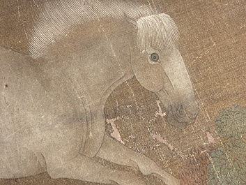 Chinese school: 'Two riders and eight horses', ink and colour on silk, probably Ming