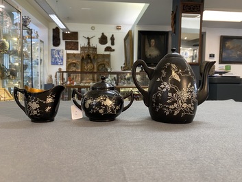 Two Chinese black Fuzhou or Foochow lacquer coffee services on trays, Republic