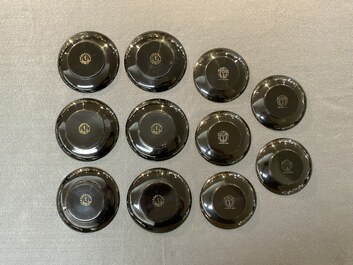 Two Chinese black Fuzhou or Foochow lacquer coffee services on trays, Republic