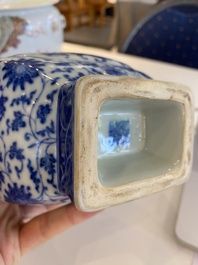 A Chinese blue and white 'fanghu' vase with lotus scrolls, Qianlong mark, 19/20th C.