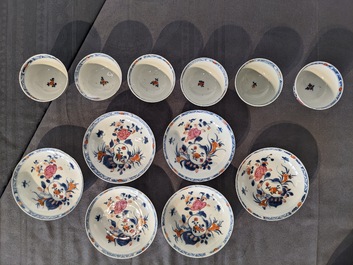 Six Chinese famille rose cups and saucers, an Imari-style teapot and a blue and white mug, Kangxi/Qianlong