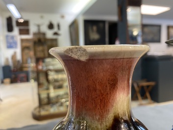 A Chinese famille rose, a flamb&eacute;-glazed and a blue and white celadon-ground vase, 19/20th C.
