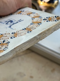 Four polychrome Dutch Delft tiles with animals in aigrette medallions, Haarlem, 17th C.