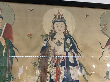 Chinese school: 'Three Buddhist goddesses', ink and colour on silk, 18th C.