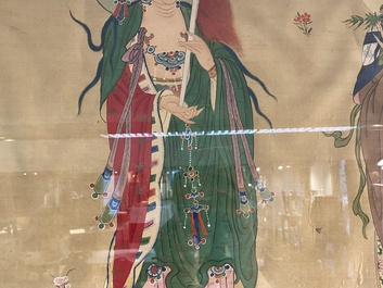 Chinese school: 'Three Buddhist goddesses', ink and colour on silk, 18th C.