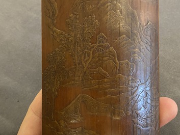 Five Chinese scholar's objects in bamboo, bone, inlaid wood and soapstone, 19/20th C.