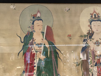 Chinese school: 'Three Buddhist goddesses', ink and colour on silk, 18th C.