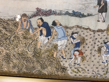 Chinese school: Three rice production scenes, ink and colour on silk, 19th C.