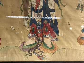 Chinese school: 'Three Buddhist goddesses', ink and colour on silk, 18th C.