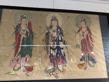 Chinese school: 'Three Buddhist goddesses', ink and colour on silk, 18th C.