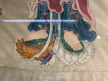 Chinese school: 'Three Buddhist goddesses', ink and colour on silk, 18th C.