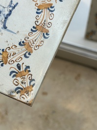 Four polychrome Dutch Delft tiles with animals in aigrette medallions, Haarlem, 17th C.