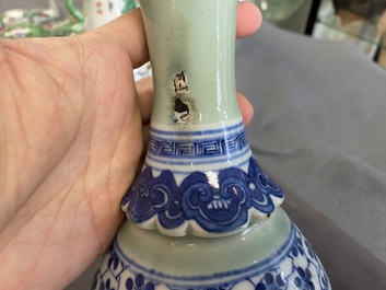 A Chinese famille rose, a flamb&eacute;-glazed and a blue and white celadon-ground vase, 19/20th C.
