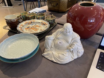 A Chinese sang-de-boeuf-glazed jar, a blanc de Chine Buddha and two plates, 19th C.